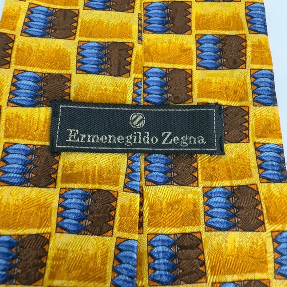 Ermenegildo Zegna Plaid Geometric Design Yellow Blue & Brown Silk Tie L 58" W 4" - Picture 2 of 5